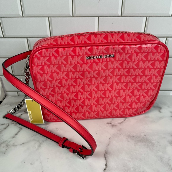 Michael Kors Jet Set Geranium Crossbody  Leather PVC Signature MK  Bag - Picture 2 of 11